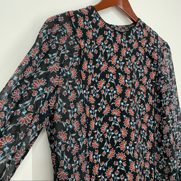 Zara Dark Floral Sheer Long Sleeve Blouse High Crewneck Button Down Back Size M - Picture 3 of 15